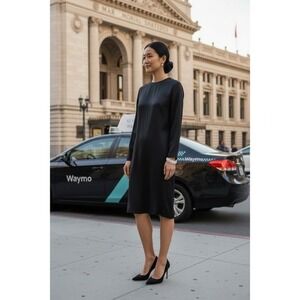 Quiet Luxury Eileen Fisher Black 100%‎ Silk Long Sleeve Shift Dress Romantic